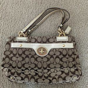 Vintage coach, shoulder bag, canvas with gold trim